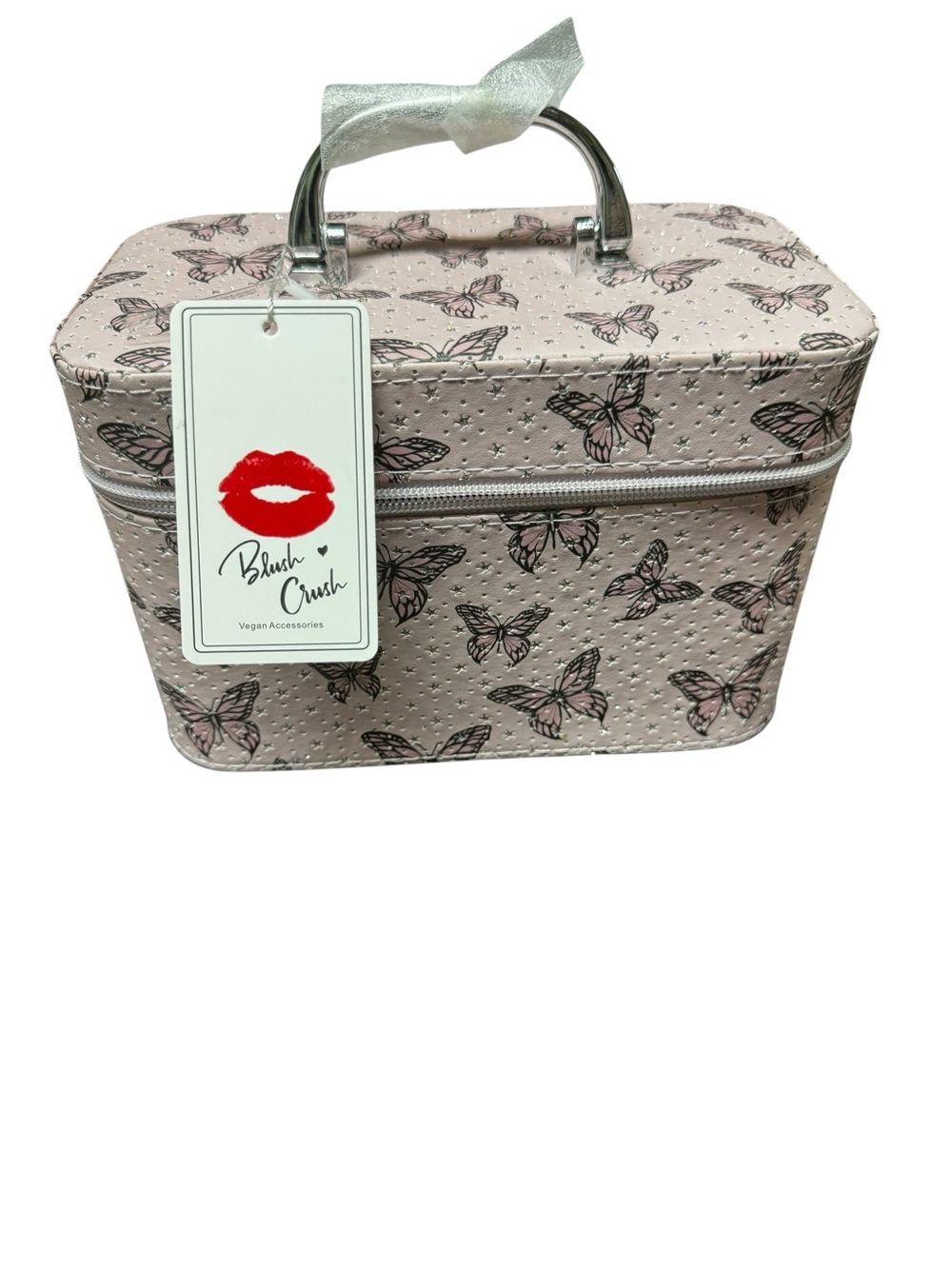Blush Crush Butterfly Print Vegan Makeup Train Case Vanity Box Pink NWB